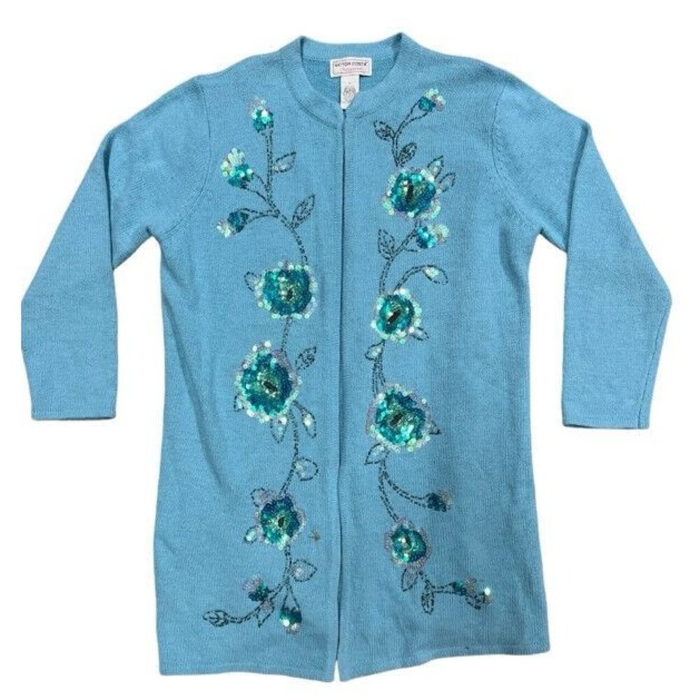 Victor Costa Light Blue embellished Silk Angora Floral Sweater Size Large